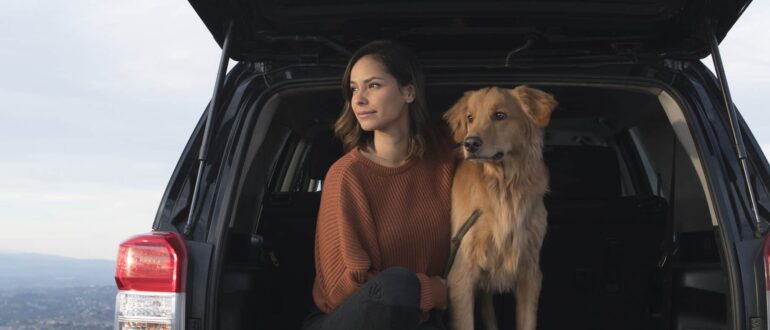 Woman sitting in the back of a car with a dog