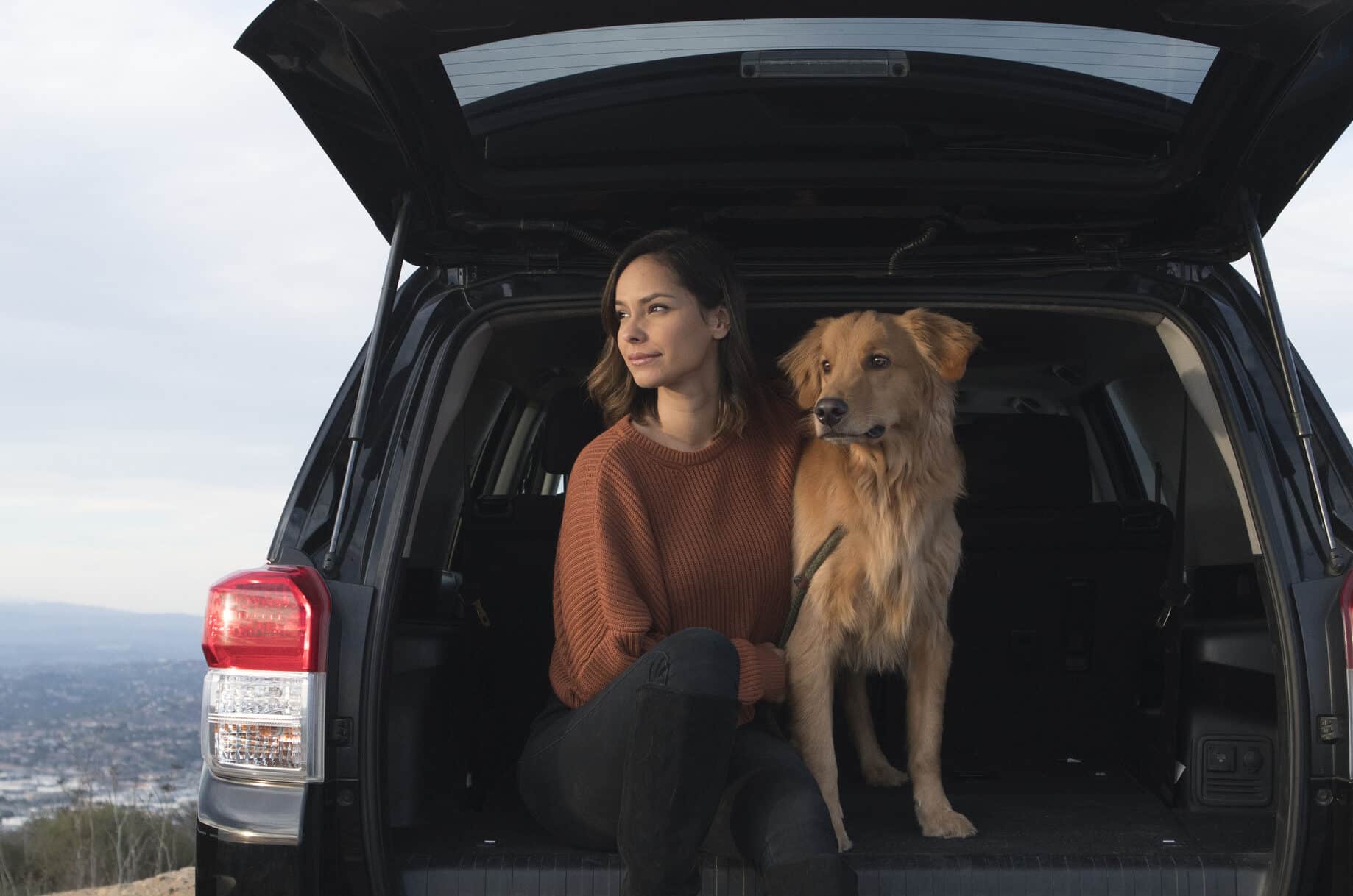 Woman sitting in the back of a car with a dog